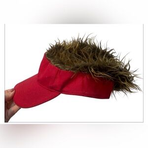 Red Visor Cap with Faux Brown Spike Fur Trim